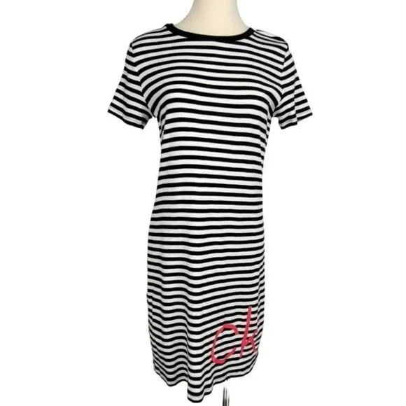 calvin klein striped t shirt dress CALVIN KLEIN Striped T Shirt Dress Womens Size Small Black White Red CK Logo